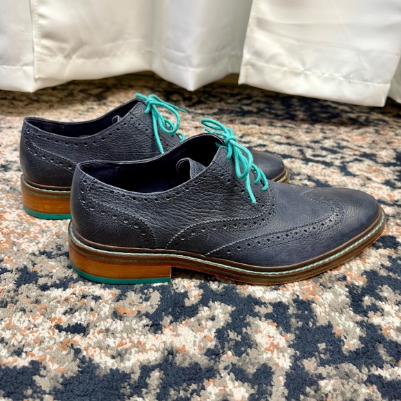 Cole Haan Navy Blue & Turquoise Leather Wingtip Oxford Dress Shoes Men’s Sz 10.5 - Picture 9 of 14
